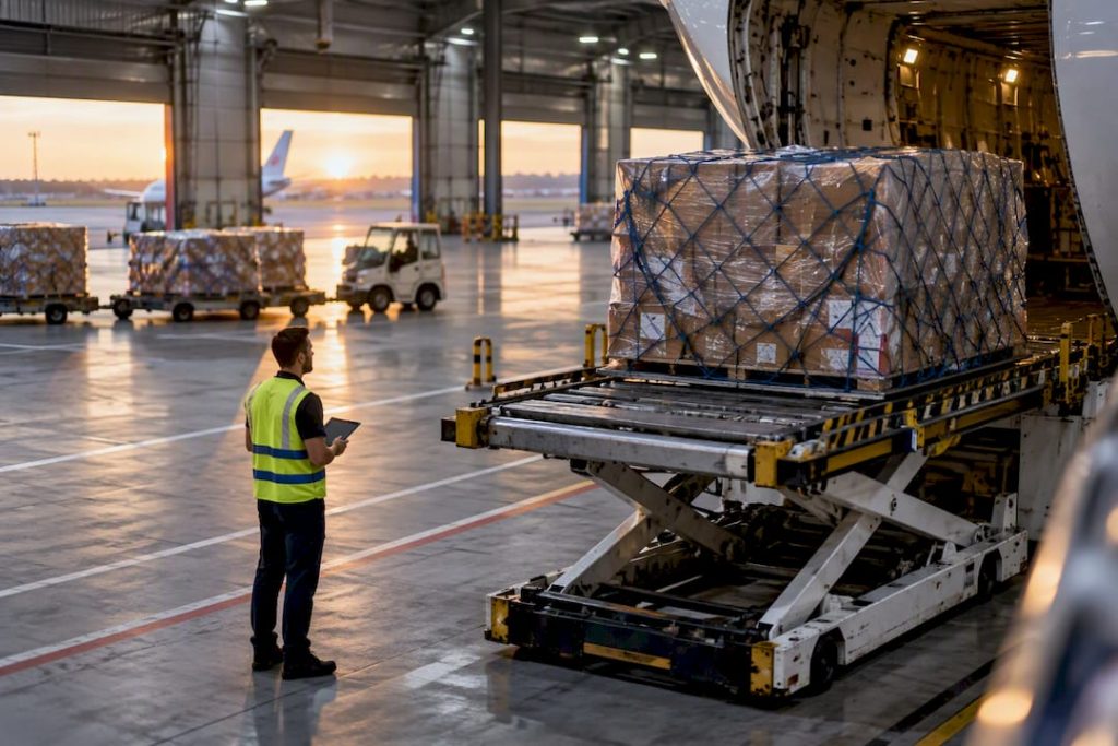 International cargo transfer inside freight terminal