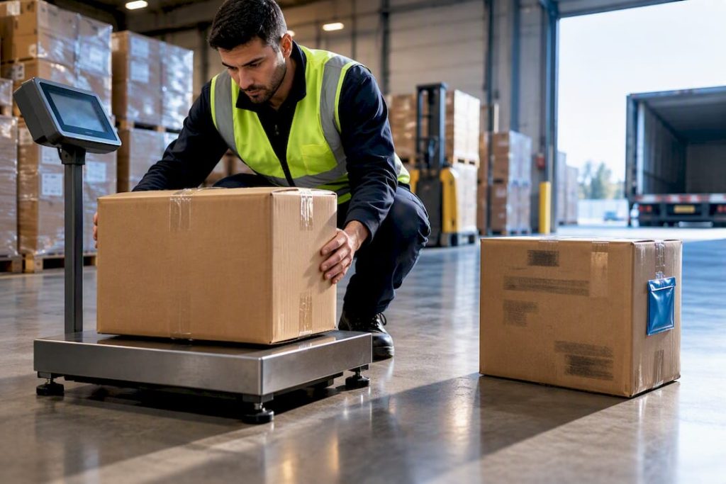 Operator weighing export carton for inspection