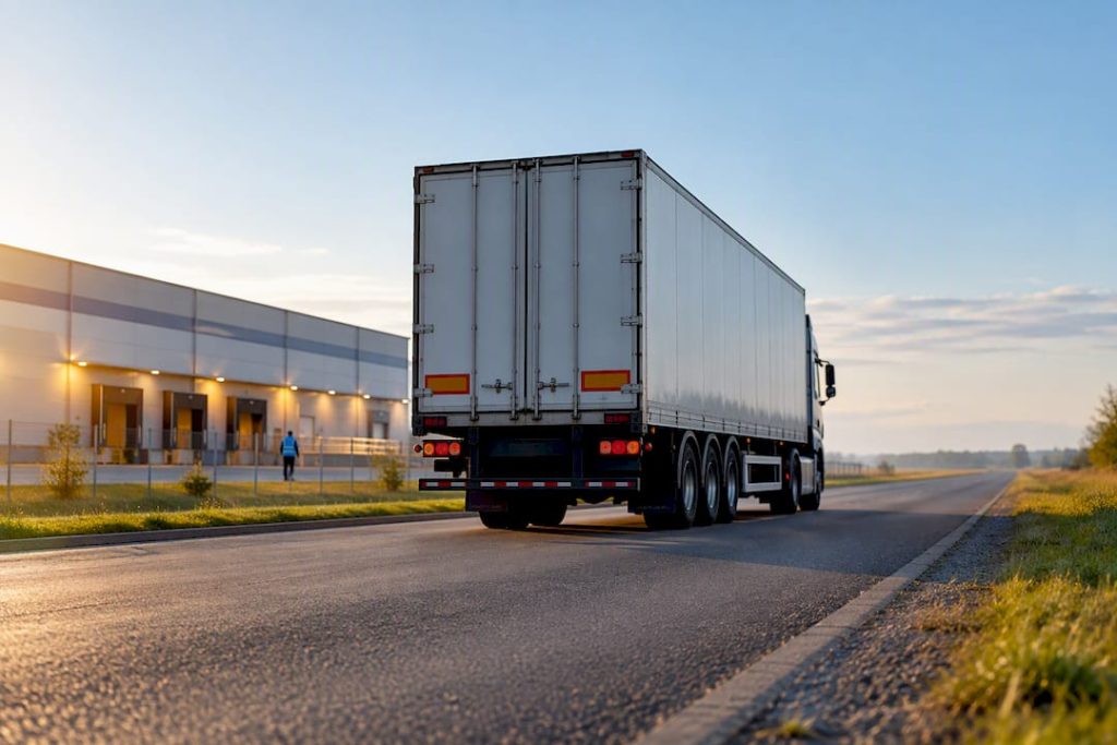 Unbranded freight trailer leaving distribution center