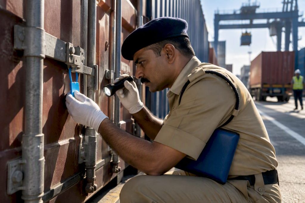 Customs officer inspecting sealed export cargo