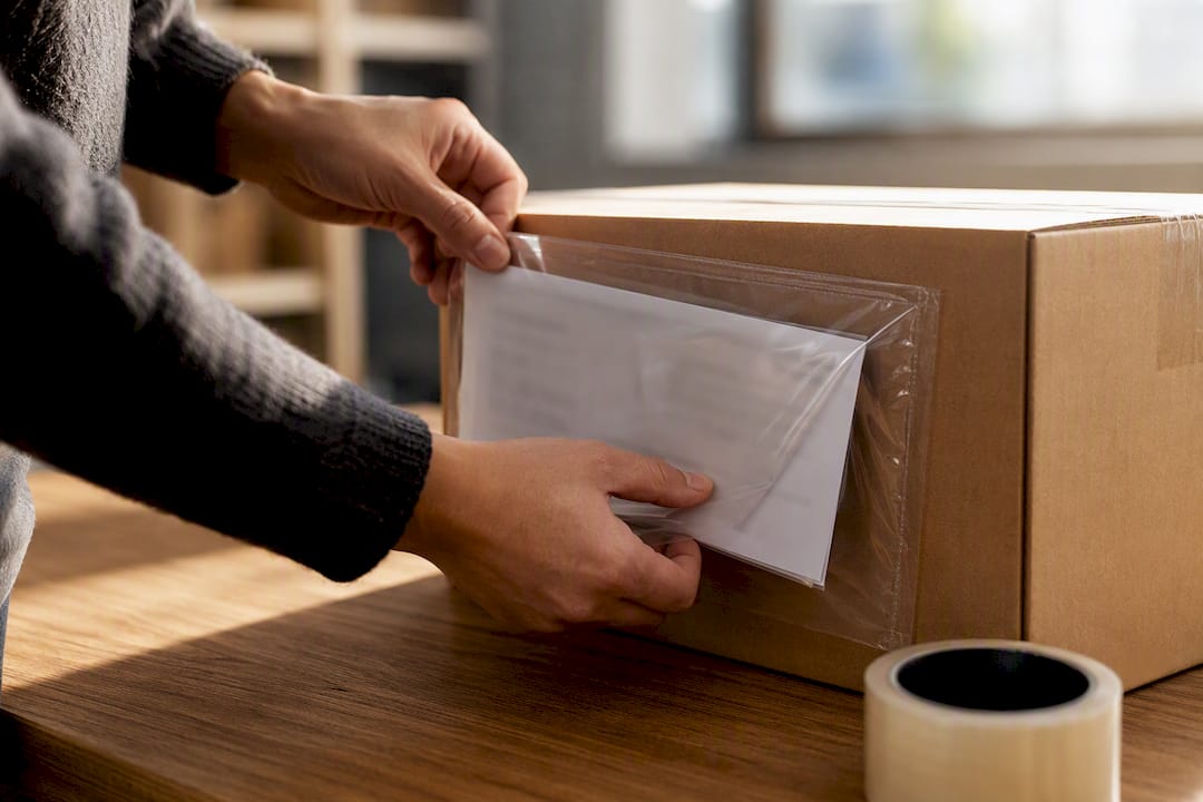 Invoice inserted into parcel document pouch
