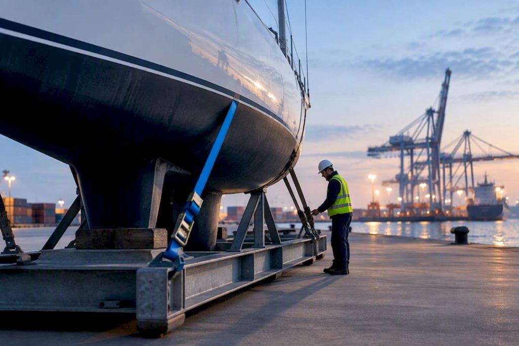 Boat secured for international port shipment