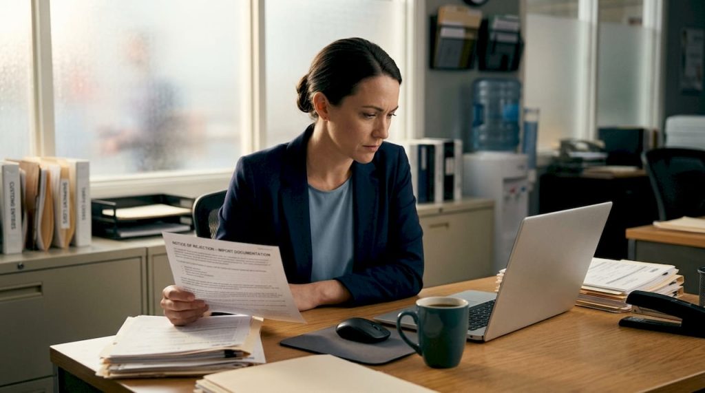 Manager reviewing customs rejection paperwork