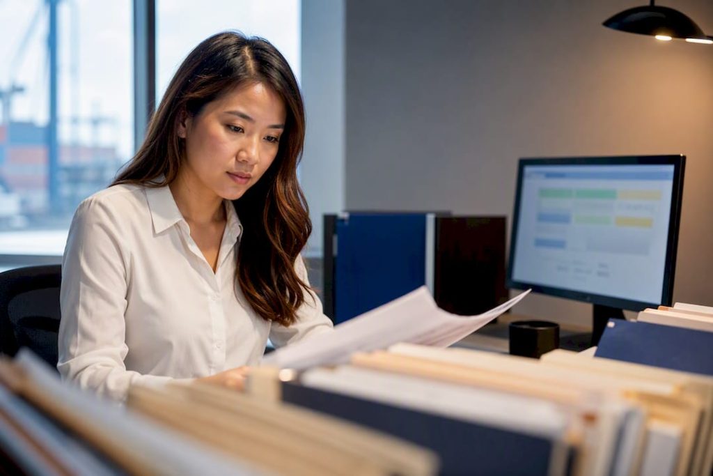 Customs specialist reviewing import forms