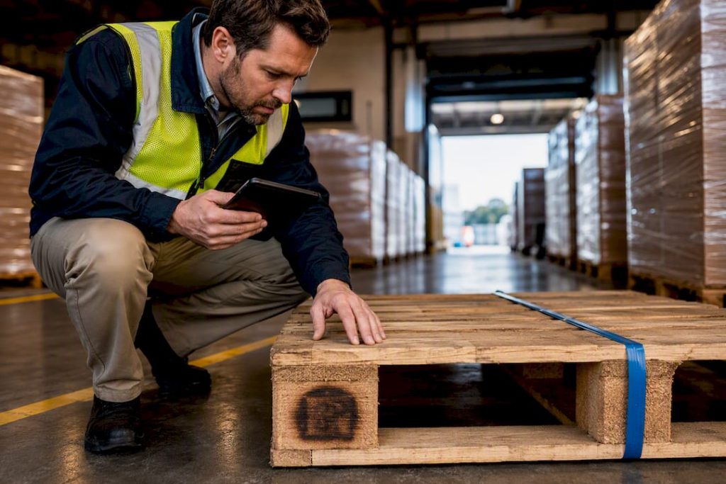 Inspector checking certified international wood pallet
