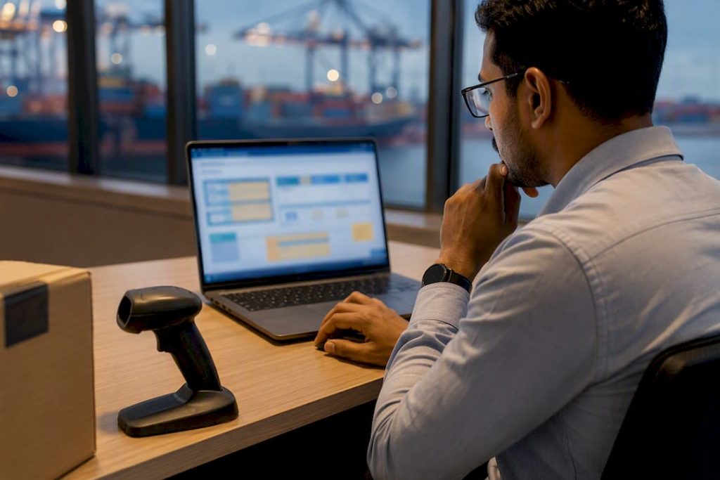 Export systems specialist reviewing validation workflow