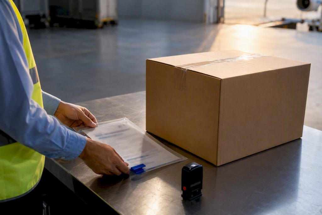 Shipping forms beside export carton