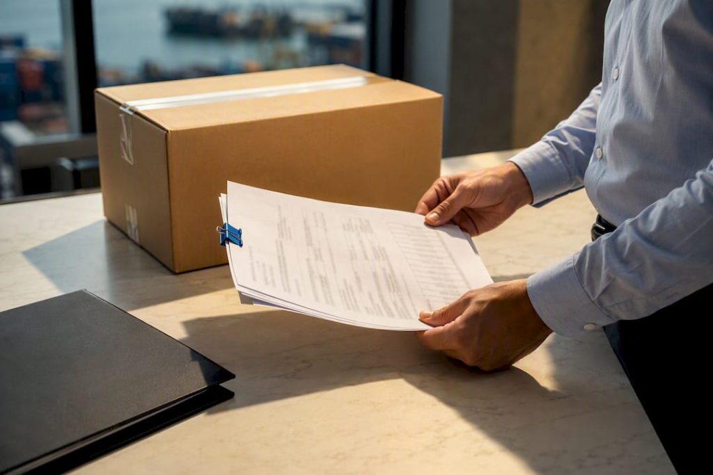 Export invoice beside sealed shipping carton