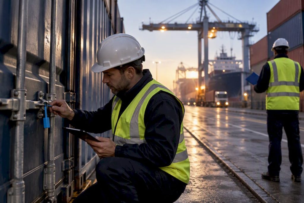 Customs professional inspecting sealed port cargo