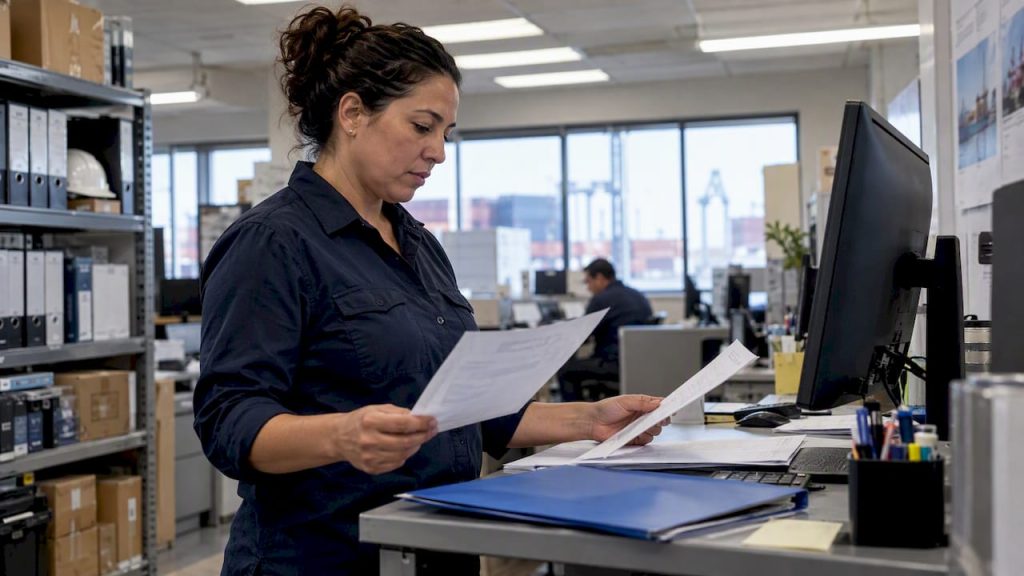 Specialist comparing import shipping documents