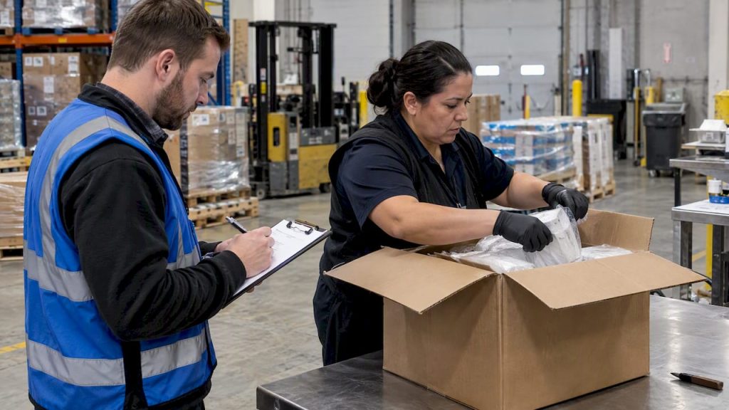 FDA specialist examining imported shipment sample