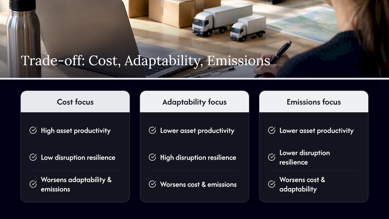 Trade-offs among logistics cost adaptability emissions