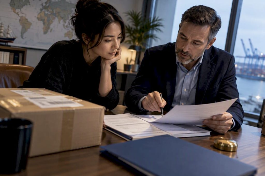 Merchant reviewing customs bond paperwork